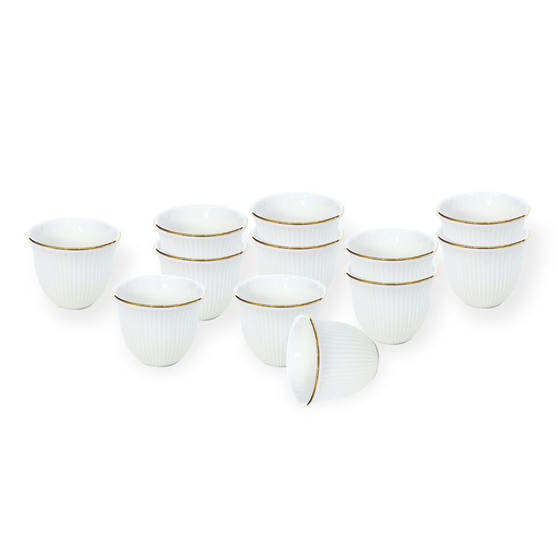 Shallow CAWA White Porcelain Coffee Cups with Gold Rim – 12 PCS, 90ml Arabic Gahwa & Espresso Cups | Elegant White Tea Cups for Ramadan, Eid, Diwali, Brunch - Image 1